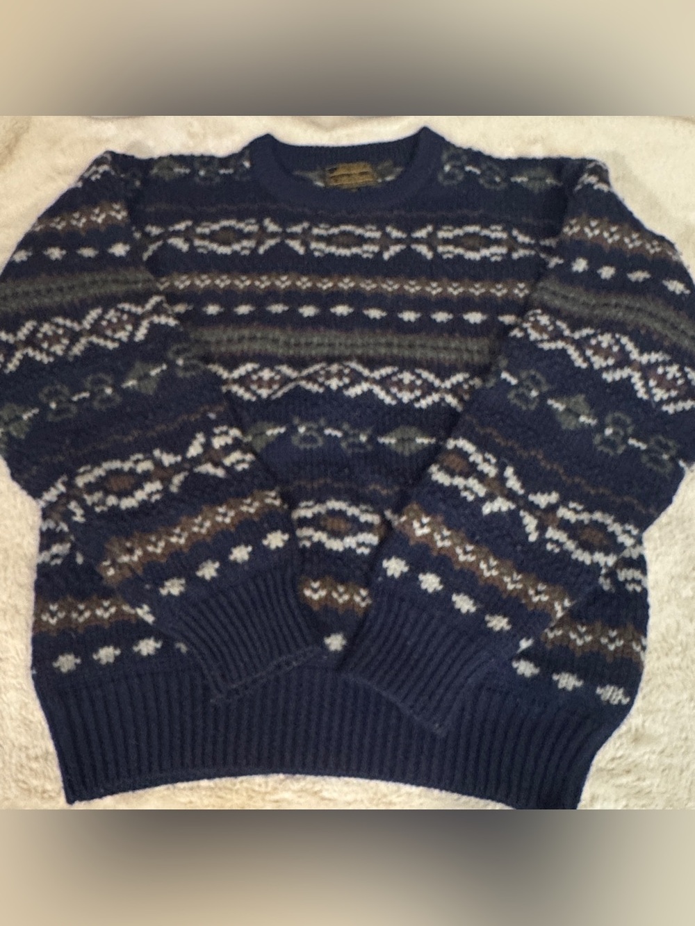 Eddie Bauer 100% Wool Fair Isle Crewneck Sweater Navy Brown Mens XL